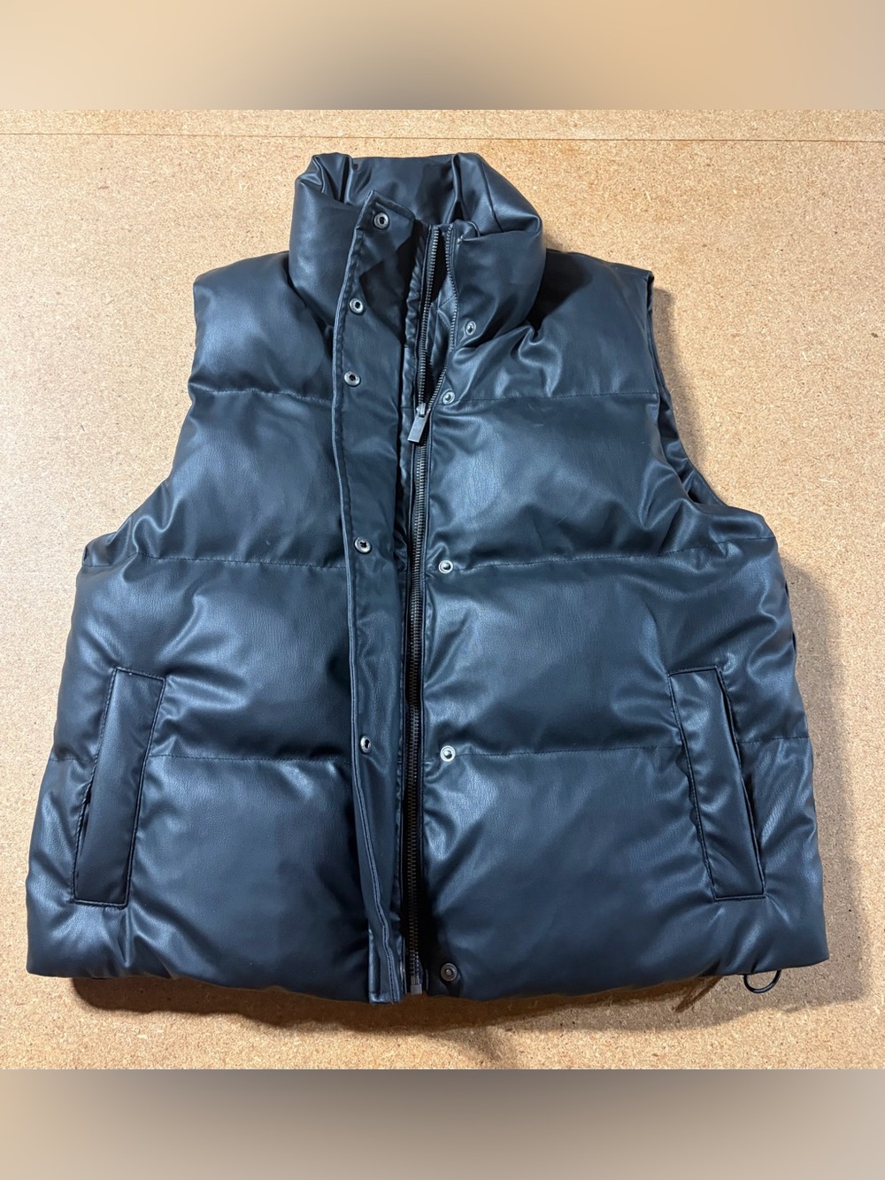 A New Day Black Faux Leather Puffer Vest Small Quilted Zip Front Snap Closure